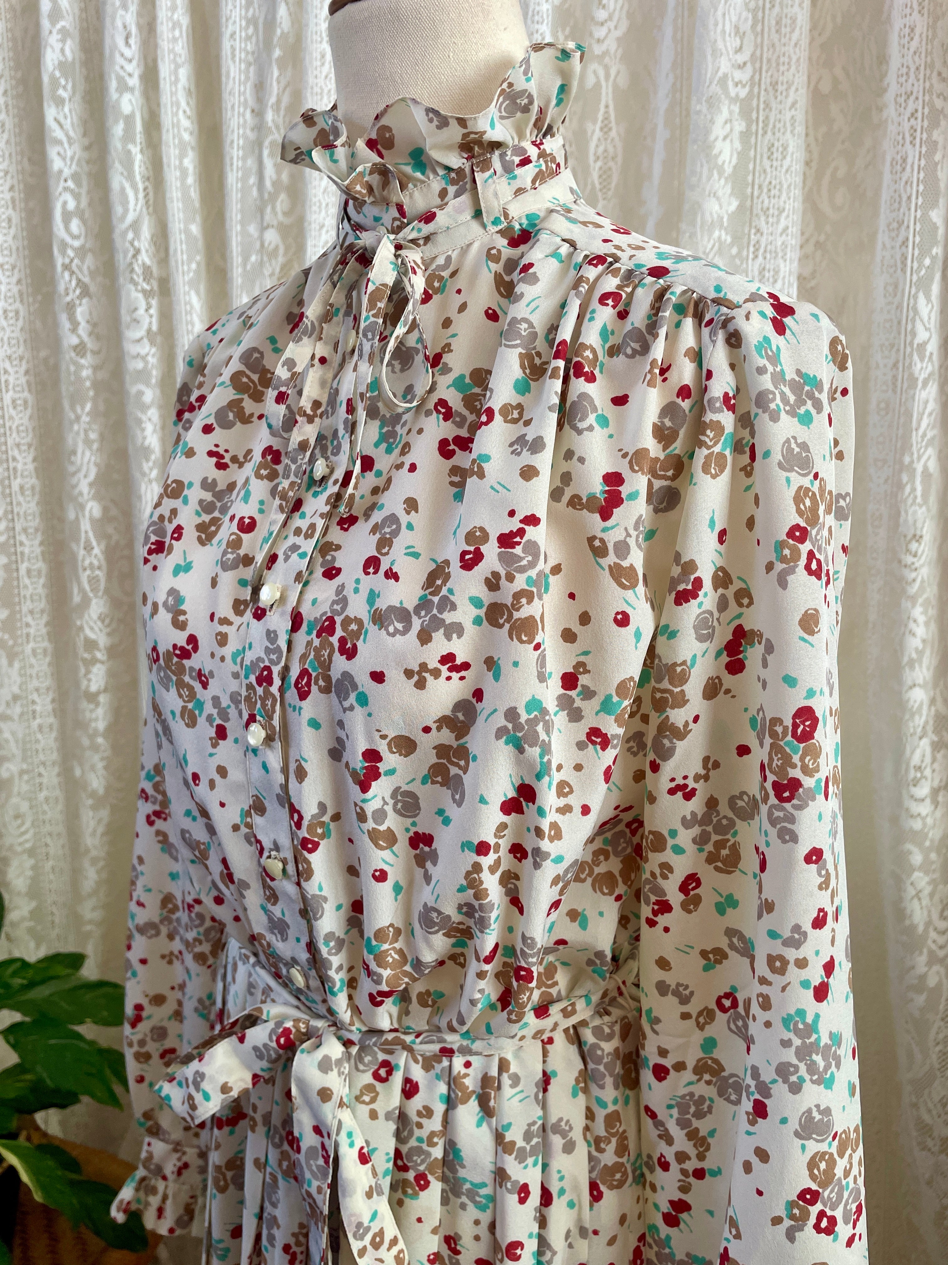 Vintage Alexon Sportset British Prairie Dress – High Neck Ruffle Floral Midi - Sz 12