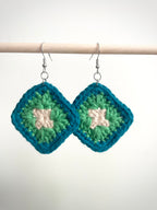 Crochet Little Square Earrings - Cream/Green/Blue