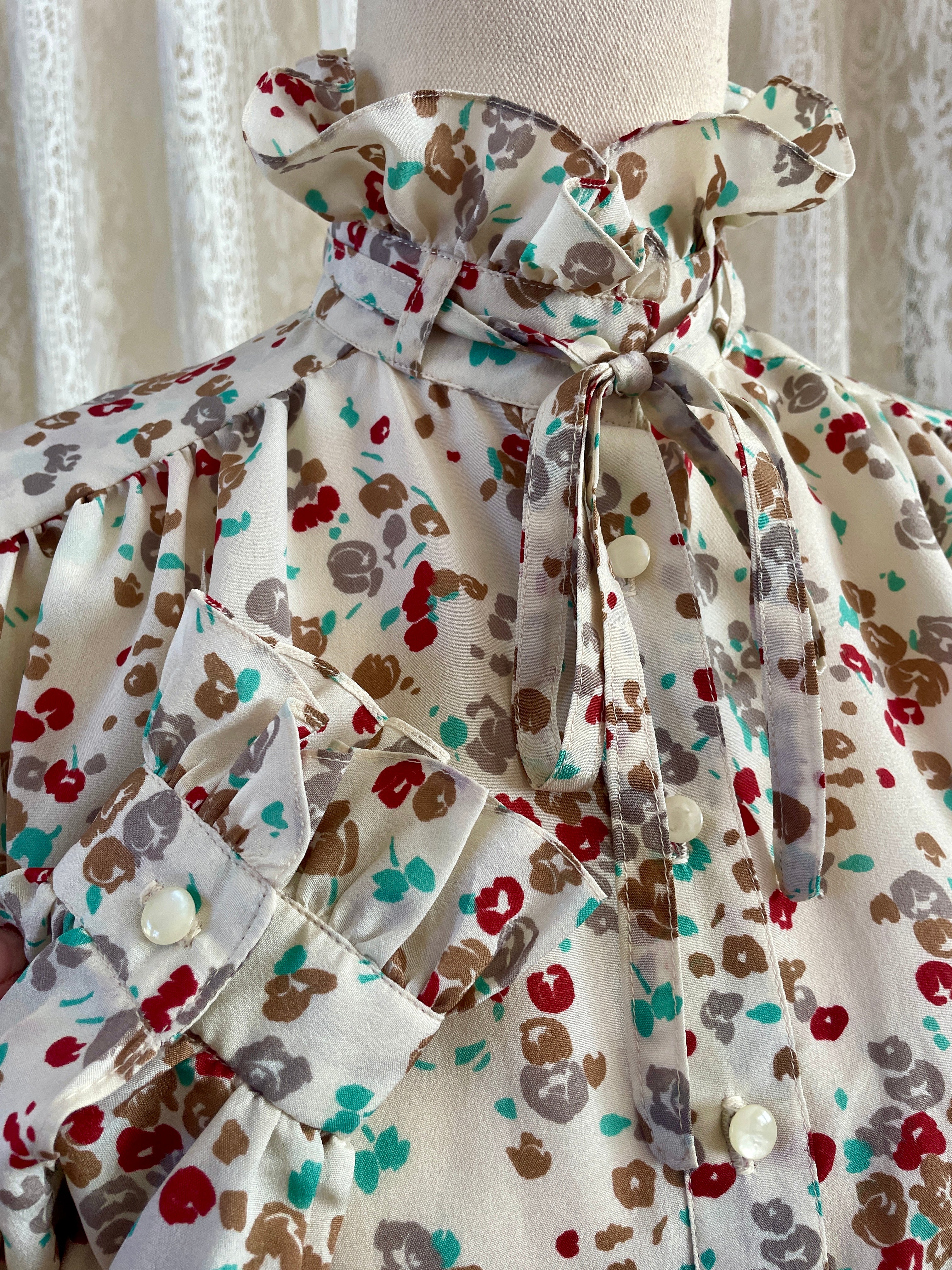 Vintage Alexon Sportset British Prairie Dress – High Neck Ruffle Floral Midi - Sz 12