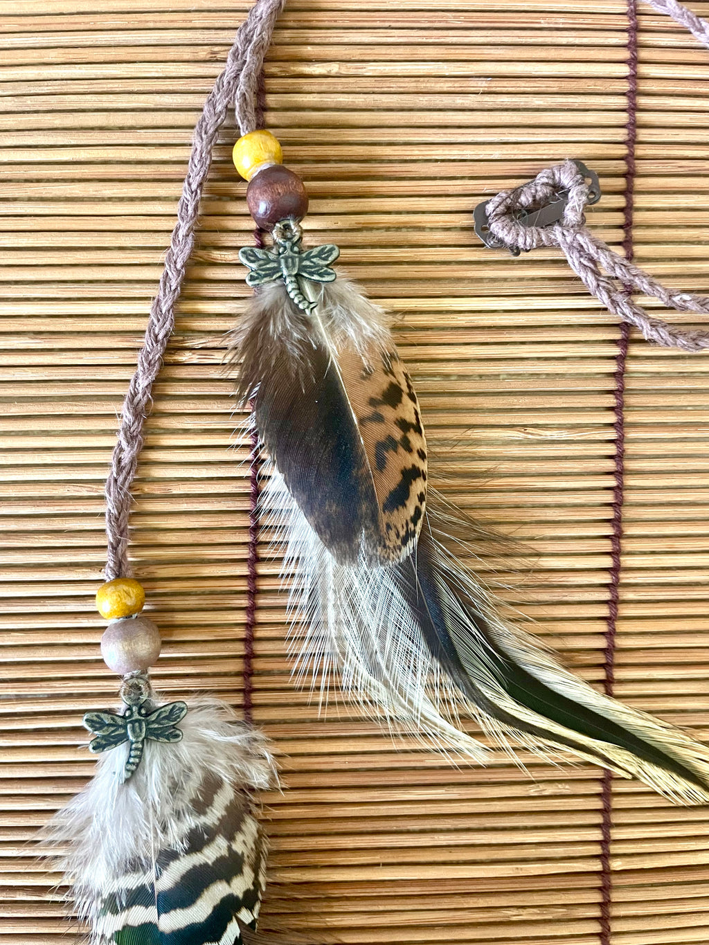 Feather & Hemp Hair Extension - Double Stranded Brown mix/Dragonfly