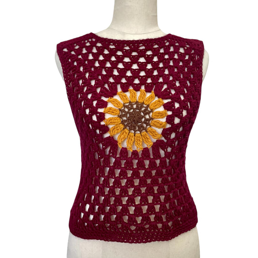 Crochet Sunflower Vest - Deep Red