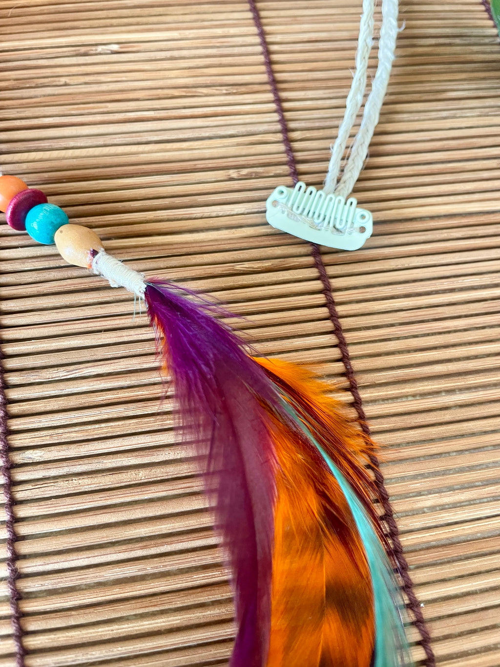 Feather & Hemp Hair Extension - Double Stranded Natural with Rainbow Feathers