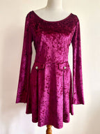 Retro Style Avocado Crushed Velvet Burgundy Dress with Long Sleeves Sz 14