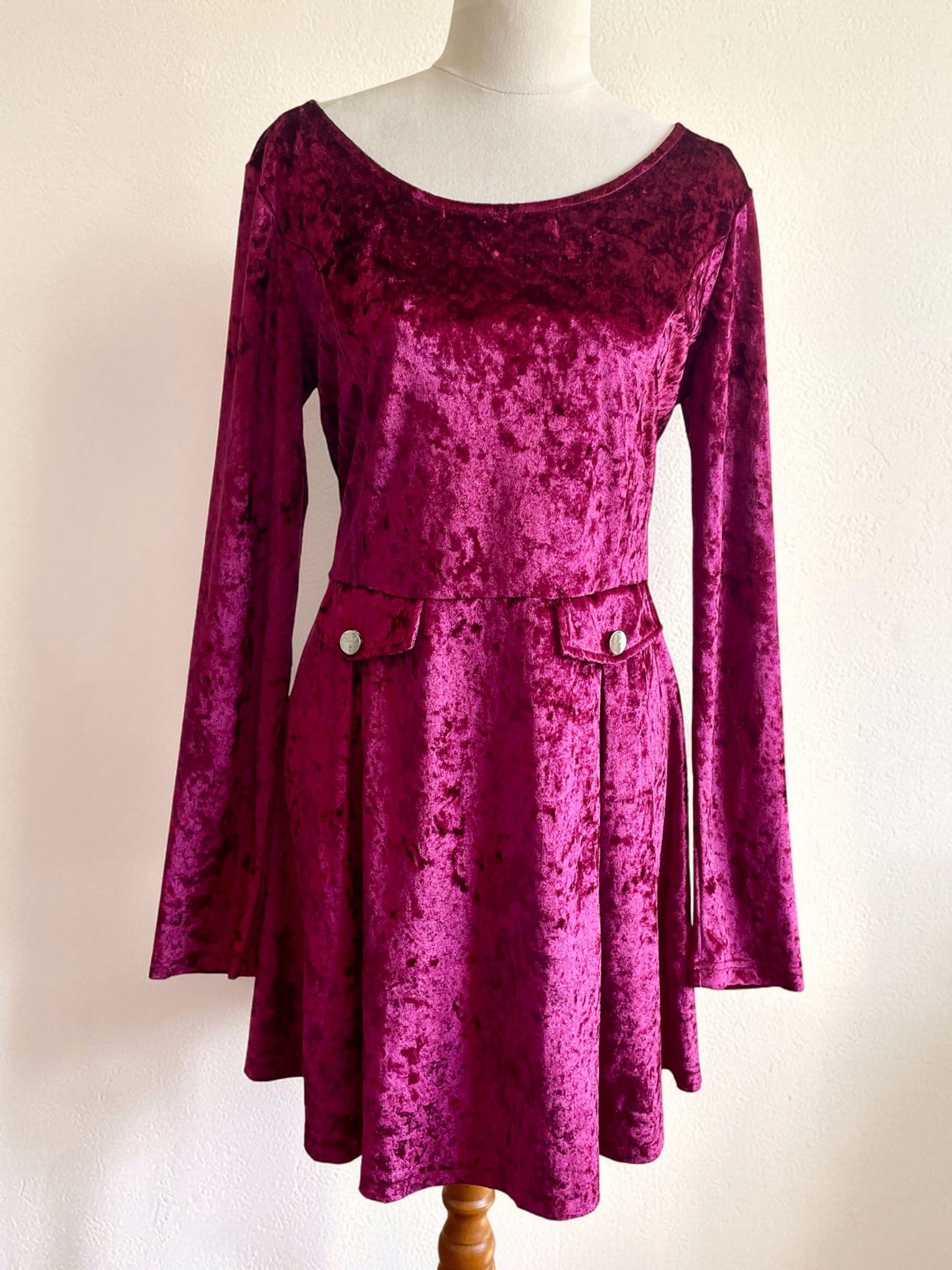 Retro Style Avocado Crushed Velvet Burgundy Dress with Long Sleeves Sz 14