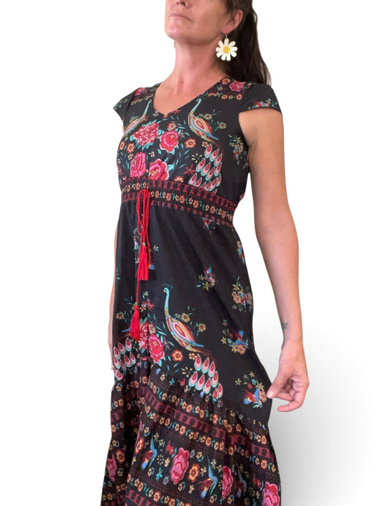 Black & Bright Floral & Peacock Print High/Low Dress - Sz M