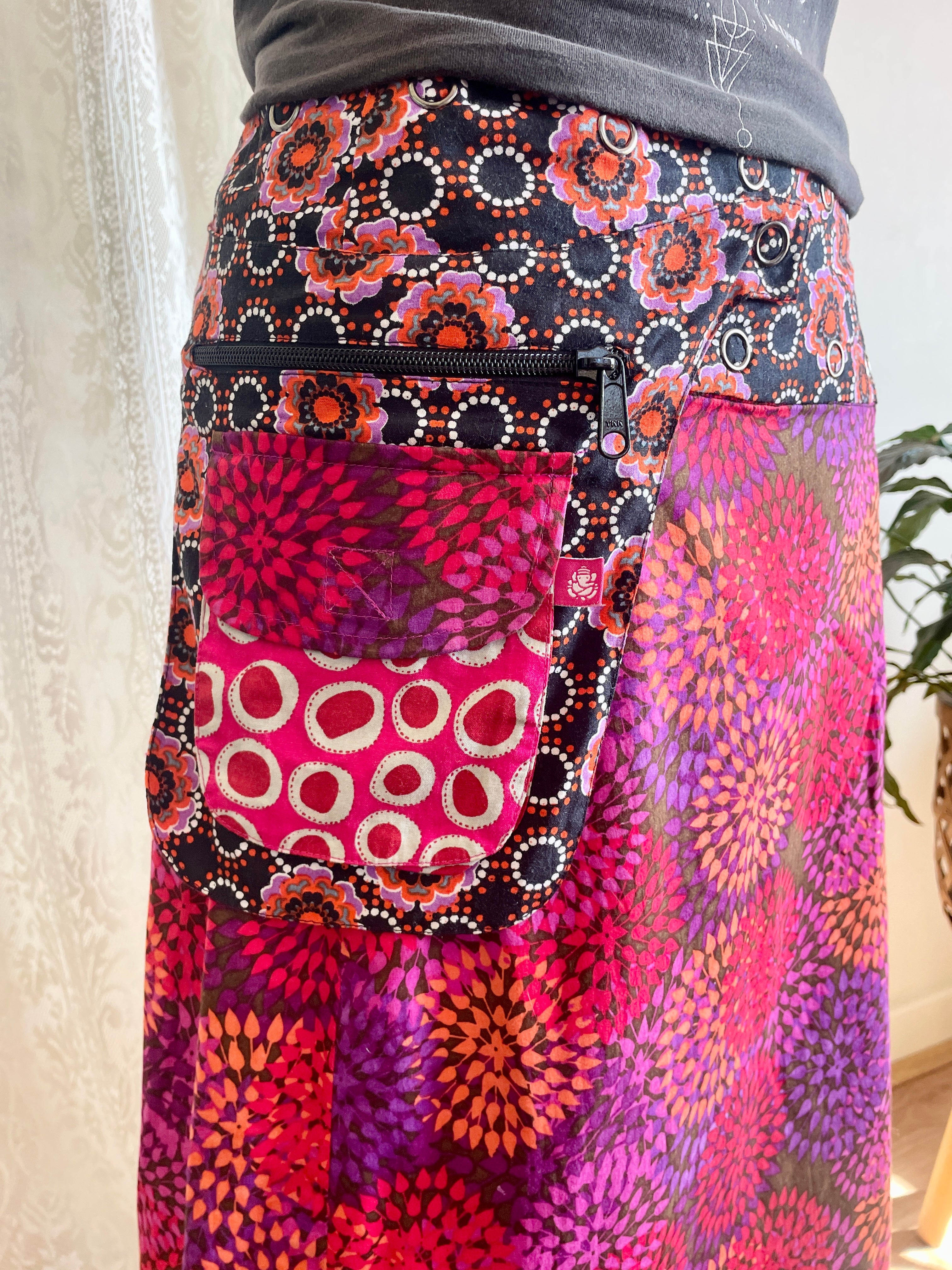 Bold Print Adjustable Wrap Skirt with Pocket - Pink
