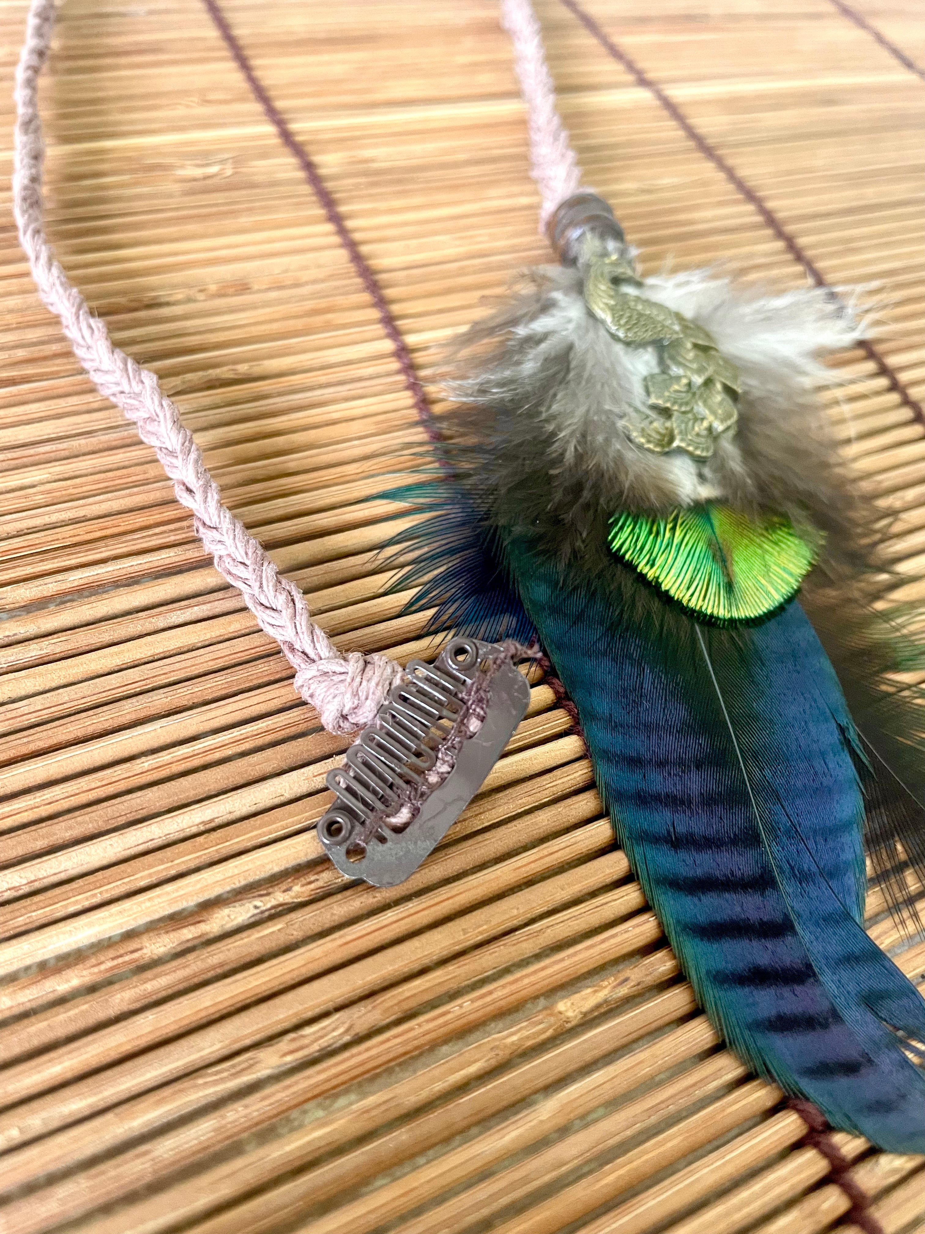 Feather & Hemp Hair Extension - Iridescent with Brass Peacock