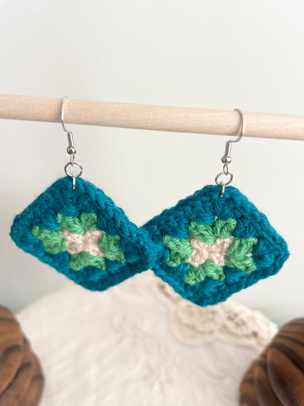 Crochet Big Square Earrings - Cream/Green/Blue