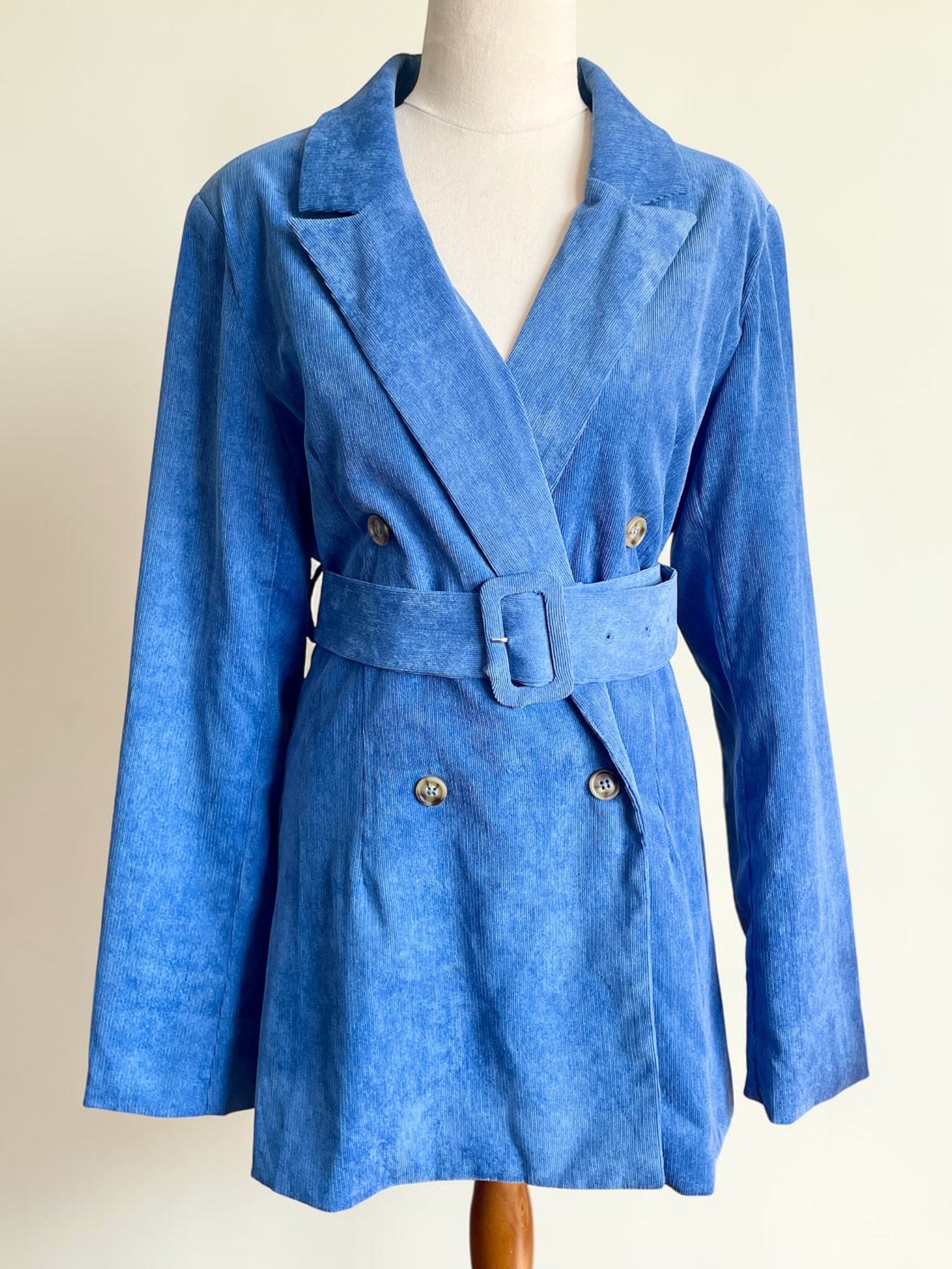 BNWT Daisy Street Blue Cord Belted Blazer Jacket • 90s Retro Ribbed Velvet Look Longline Coat