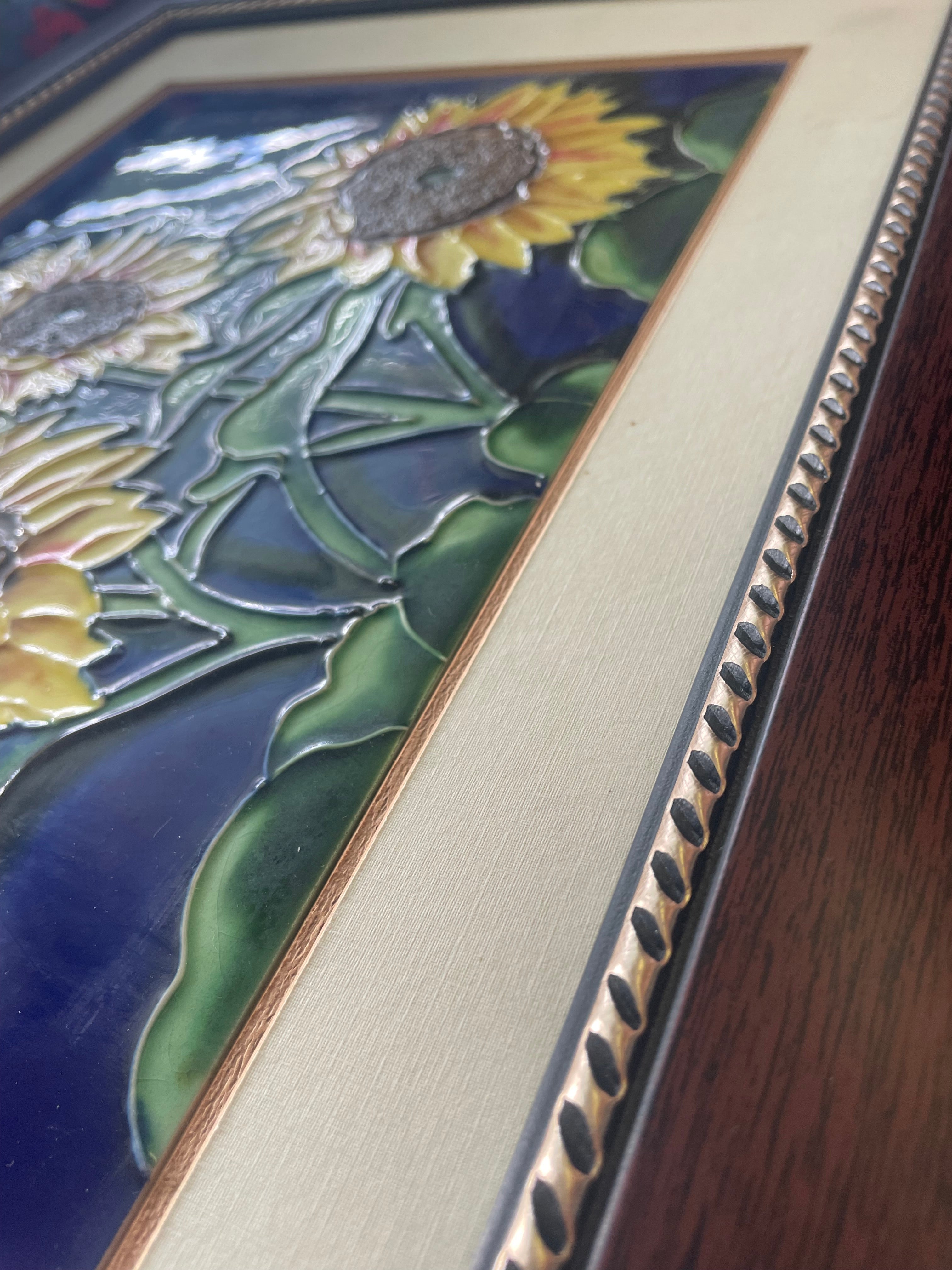 Handpainted Sunflower Vintage Ceramic Tile in Frame
