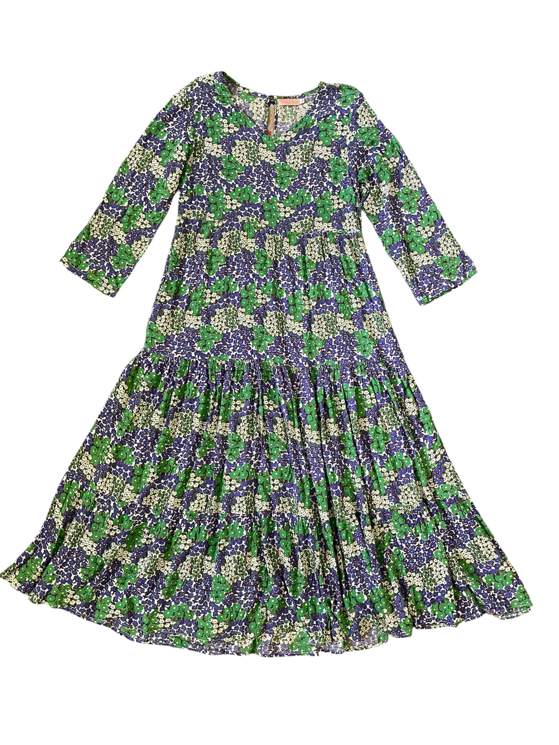 Blue/Green Retro Floral print 3/4 sleeve dress Sz 10