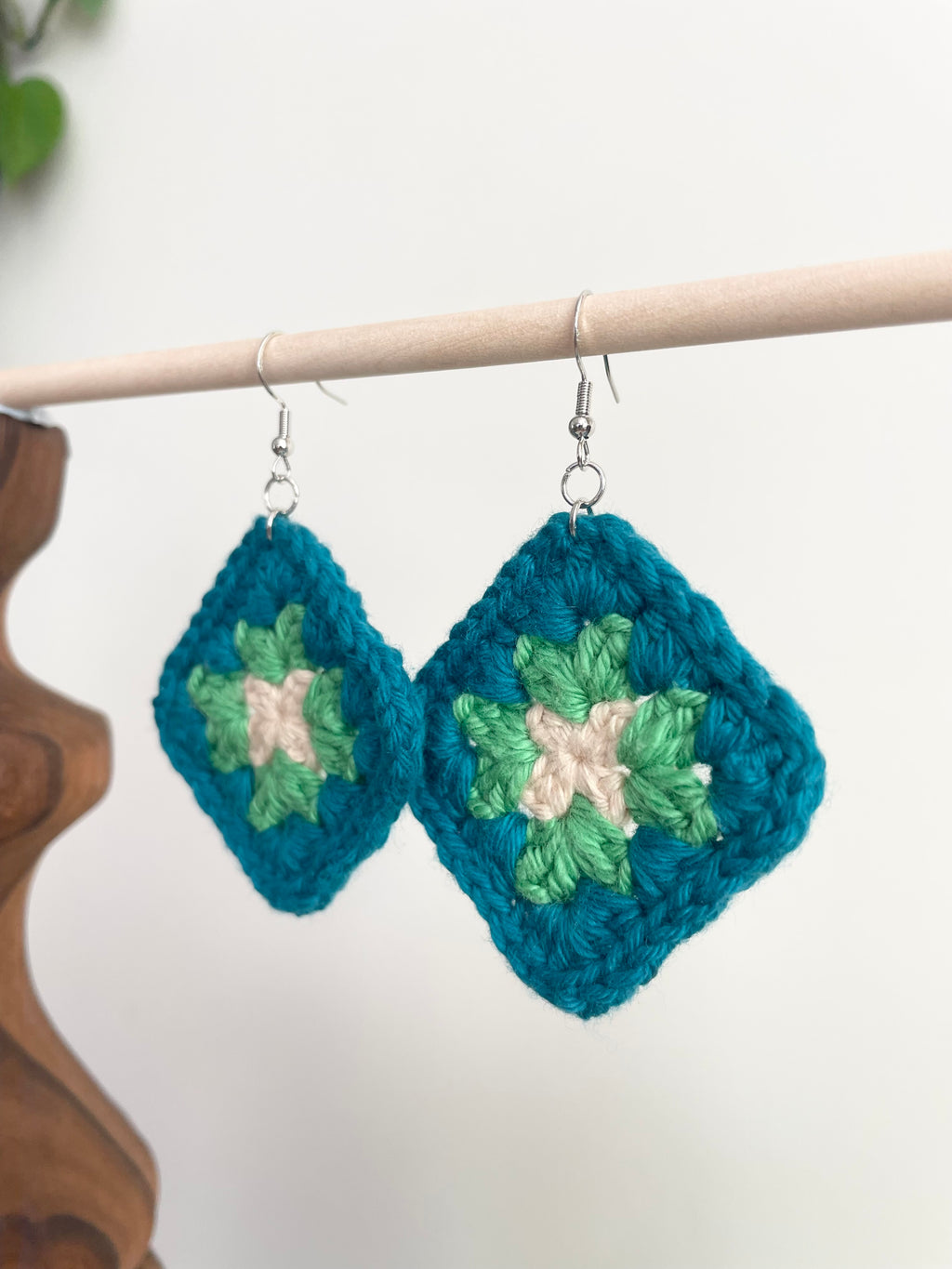 Crochet Big Square Earrings - Cream/Green/Blue