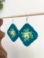 Crochet Big Square Earrings - Cream/Green/Blue
