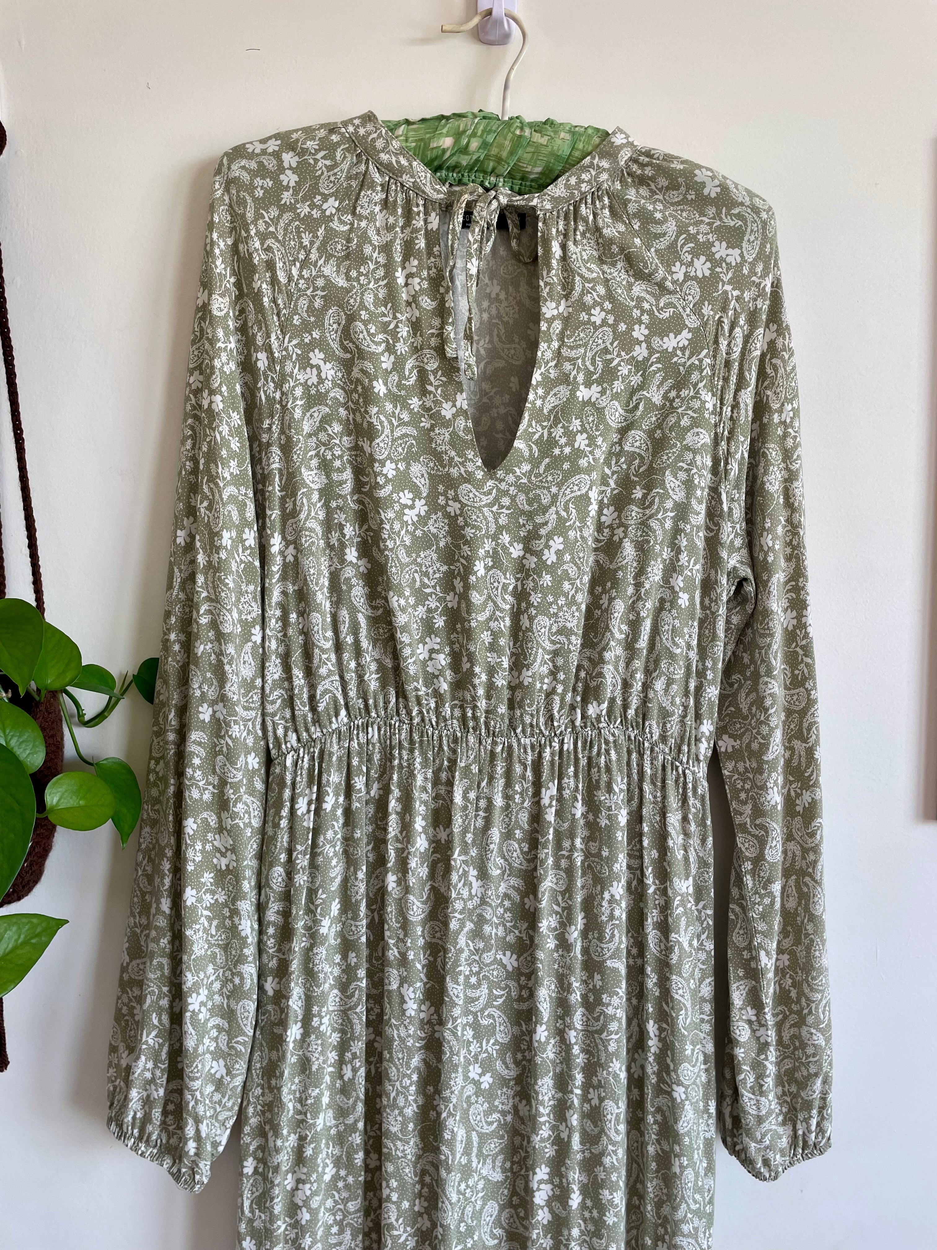 Long Sleeve Sage Paisley Print Dress