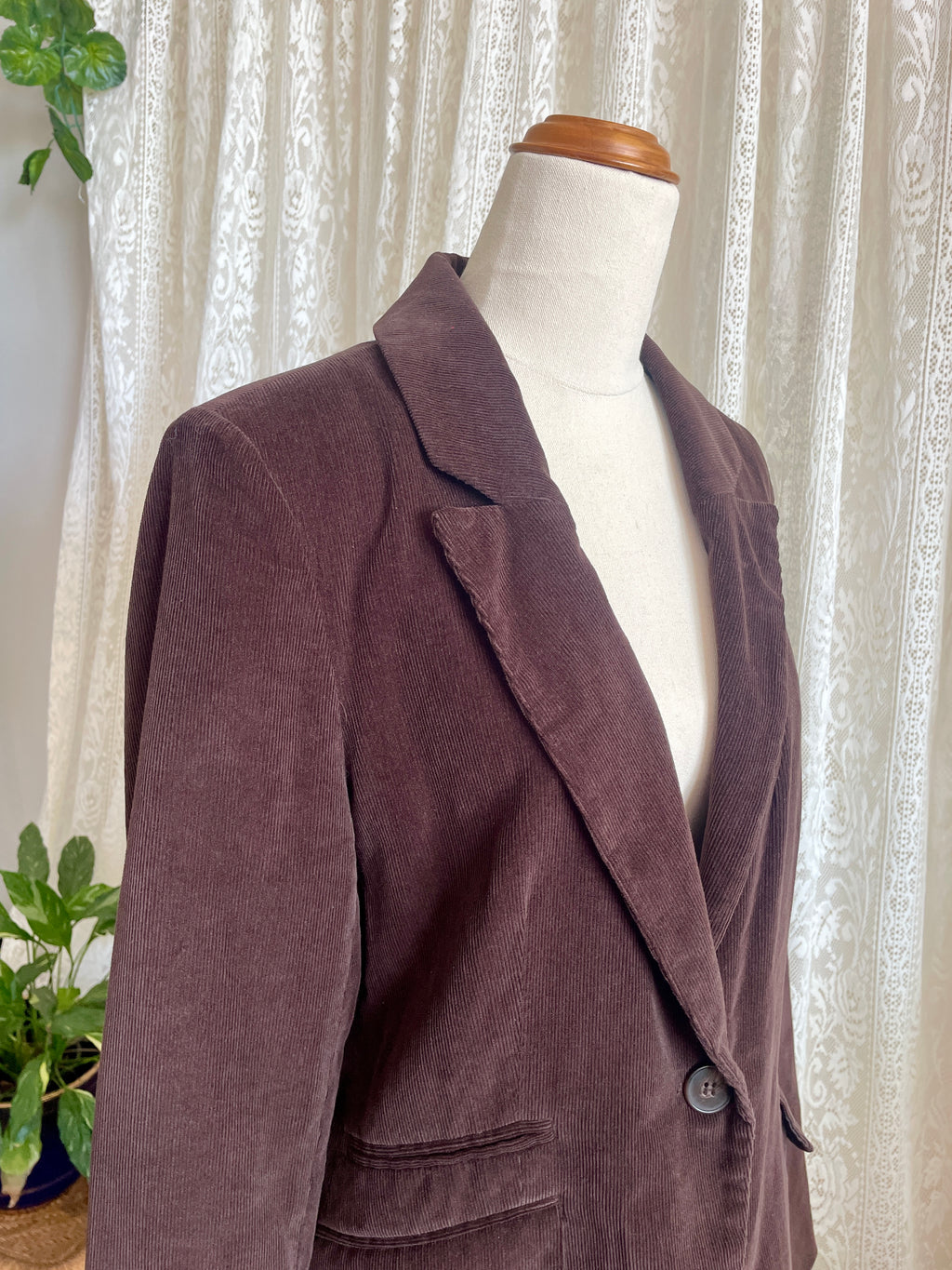 New Look Chocolate Brown Corduroy Jacket Single Button Ribbed Suit Coat 90s Minimalist Style Size 16