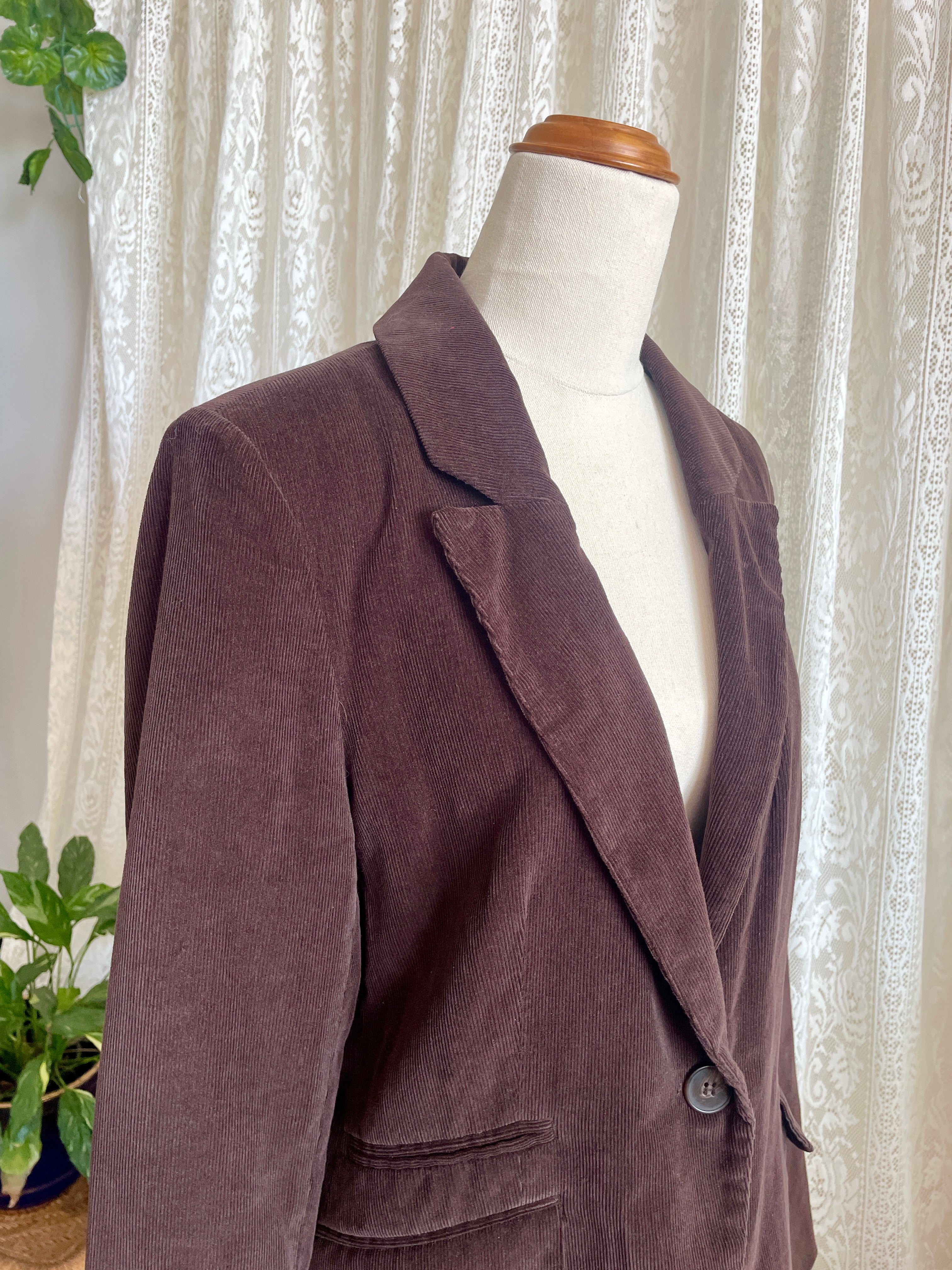 New Look Chocolate Brown Corduroy Jacket Single Button Ribbed Suit Coat 90s Minimalist Style Size 16