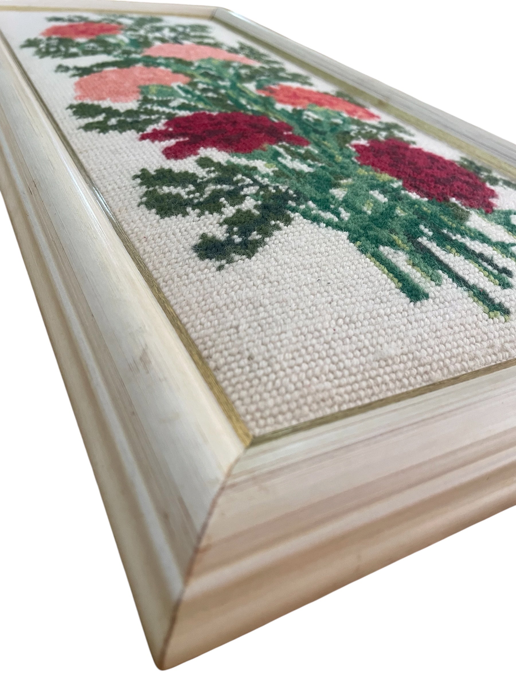 Vintage Carnations completed cross stitch in Frame D’art