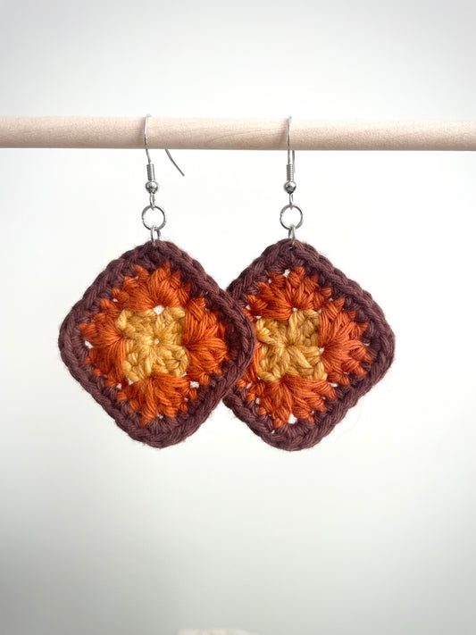 Crochet Little Square Earrings - Yellow/Orange/Brown