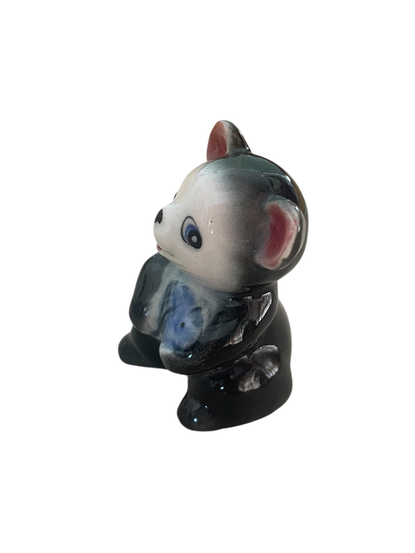 Ceramic Vintage Mini Panda with Fish Figurine Kitsch Japan