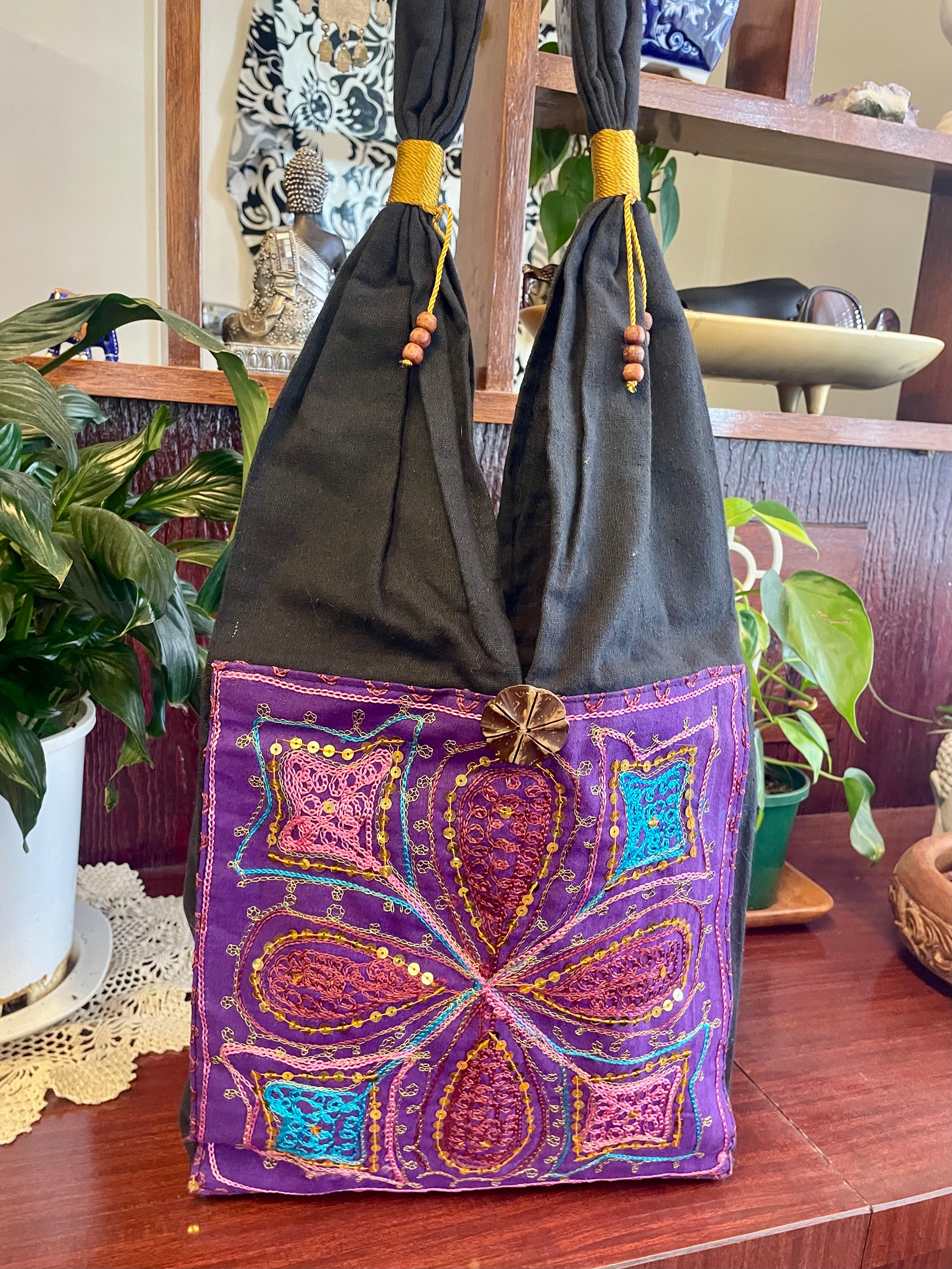 Embroidered and Sequins Cotton Short Strap Shoulder Bag