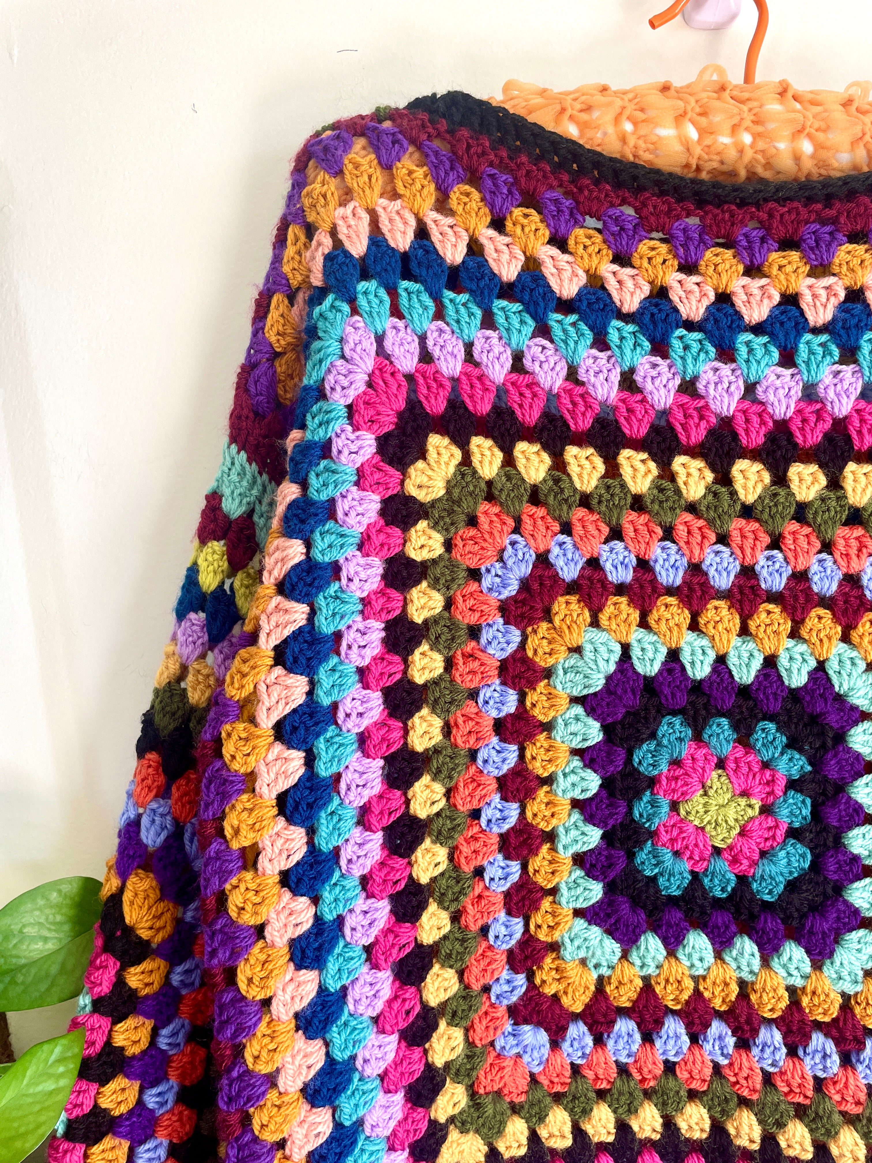 Crochet granny square jumper, multicolour, black trims