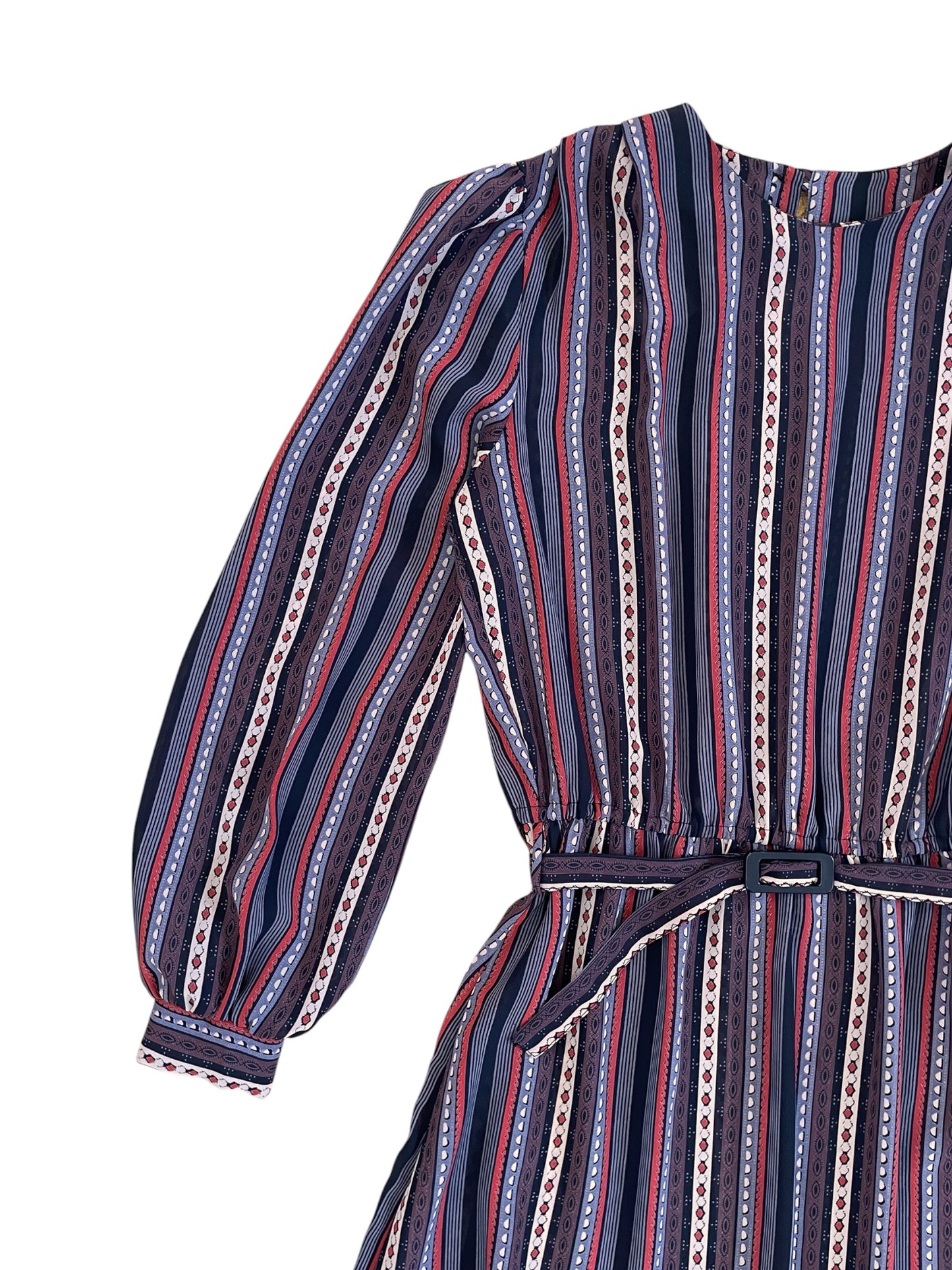 Vintage Sheer Belted Stripe Long Sleeve Dress