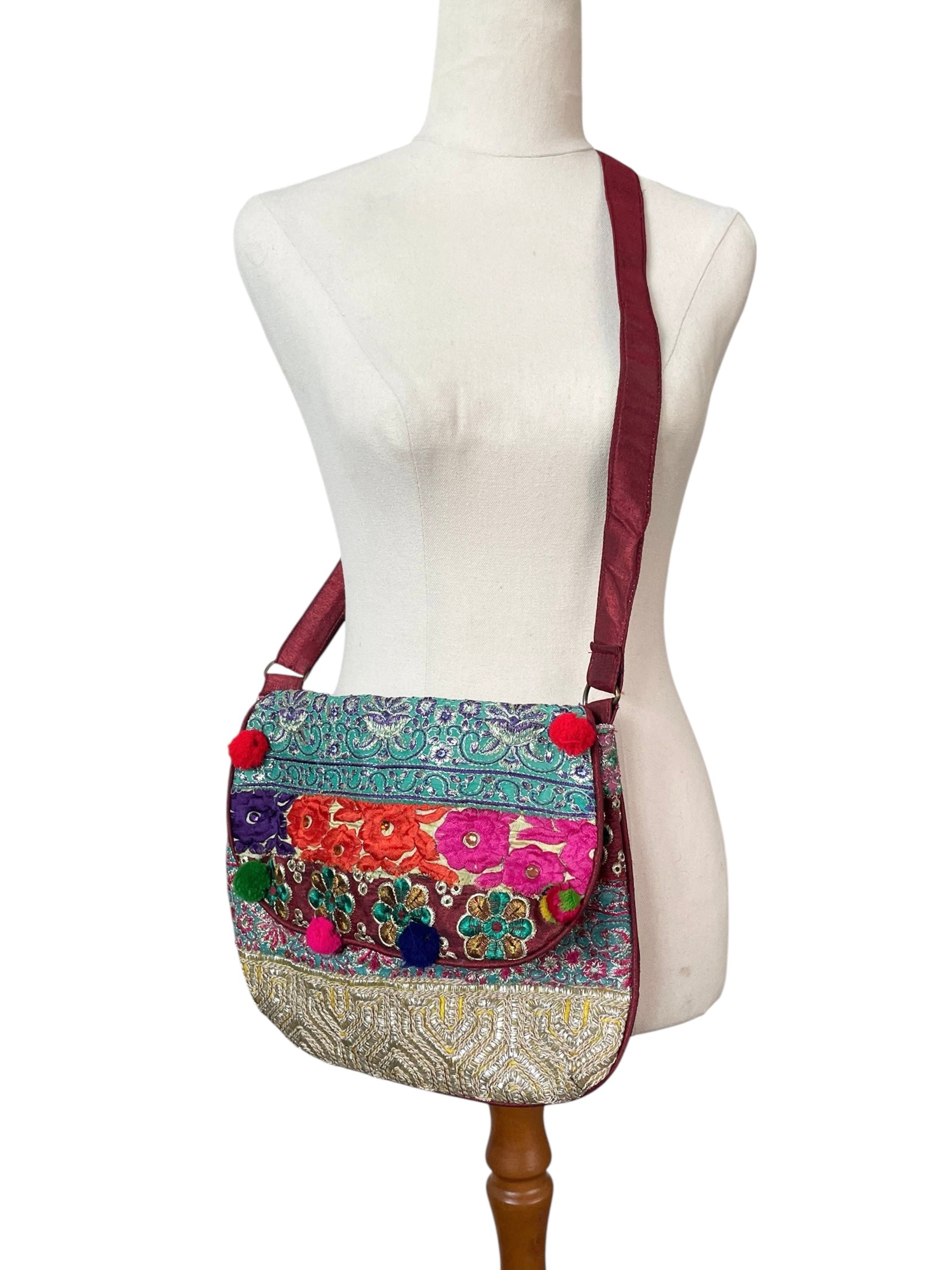 Bright Patchwork Shoulder Bag with Pom Pom details
