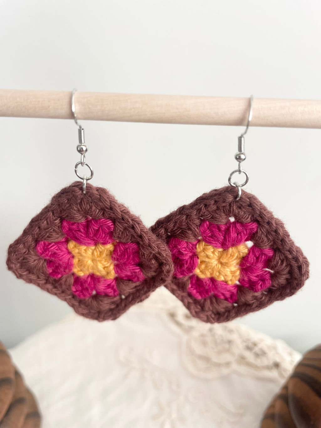 Crochet Big Square Earrings - Yellow/Pink/Brown