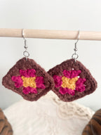Crochet Big Square Earrings - Yellow/Pink/Brown