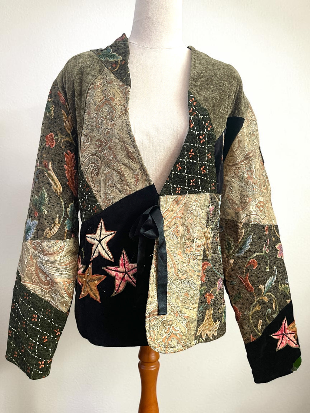 Vintage 90s Indigo Moon Star Patchwork Jacket – Velvet Tapestry Tie Front - Sz L