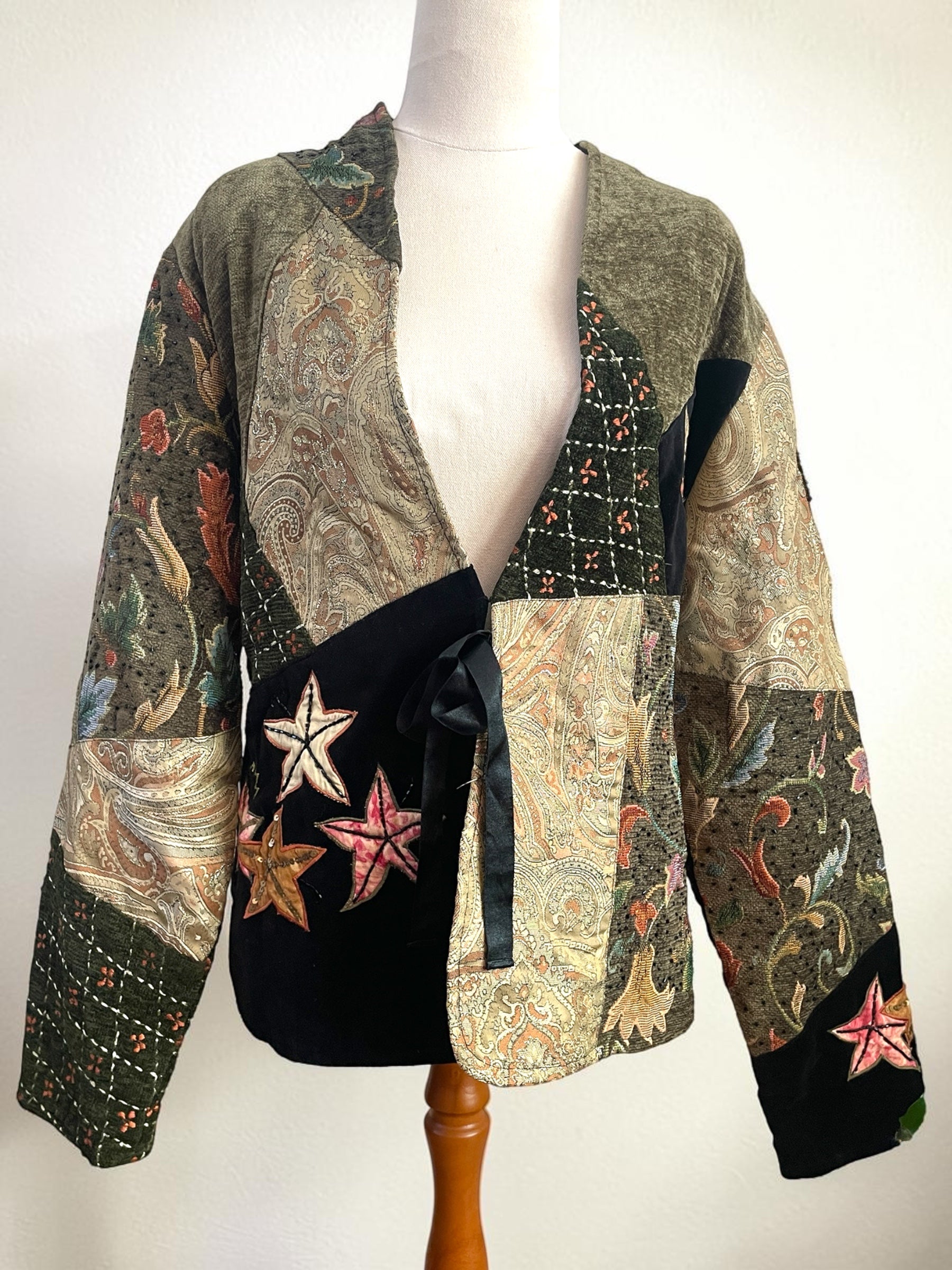 Vintage 90s Indigo Moon Star Patchwork Jacket – Velvet Tapestry Tie Front - Sz L