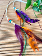 Feather & Hemp Hair Extension - Double Stranded Natural with Rainbow Feathers