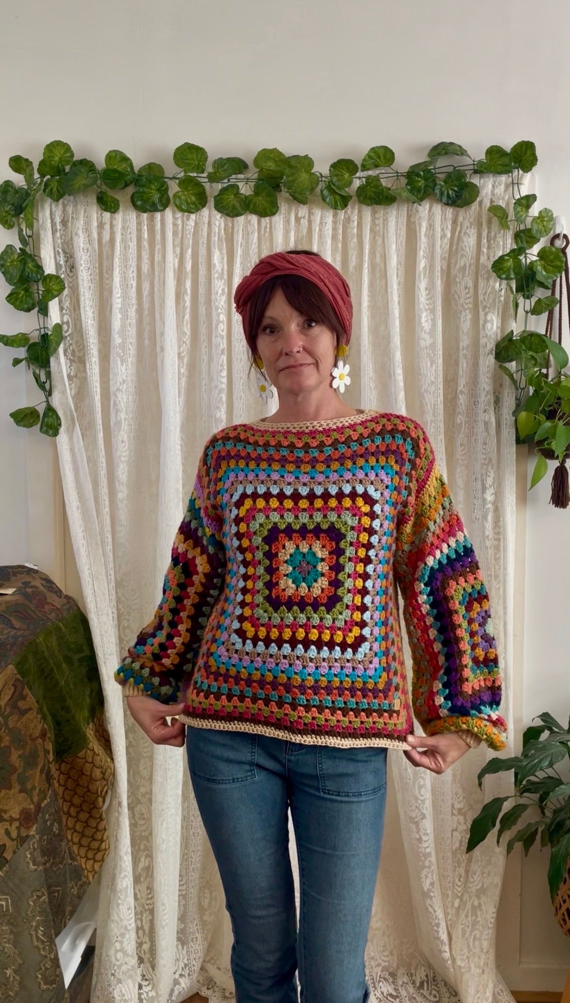 Crochet Rainbow Granny Square Jumper with Cuffs