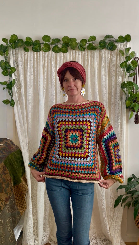 Crochet Rainbow Granny Square Jumper with Cuffs