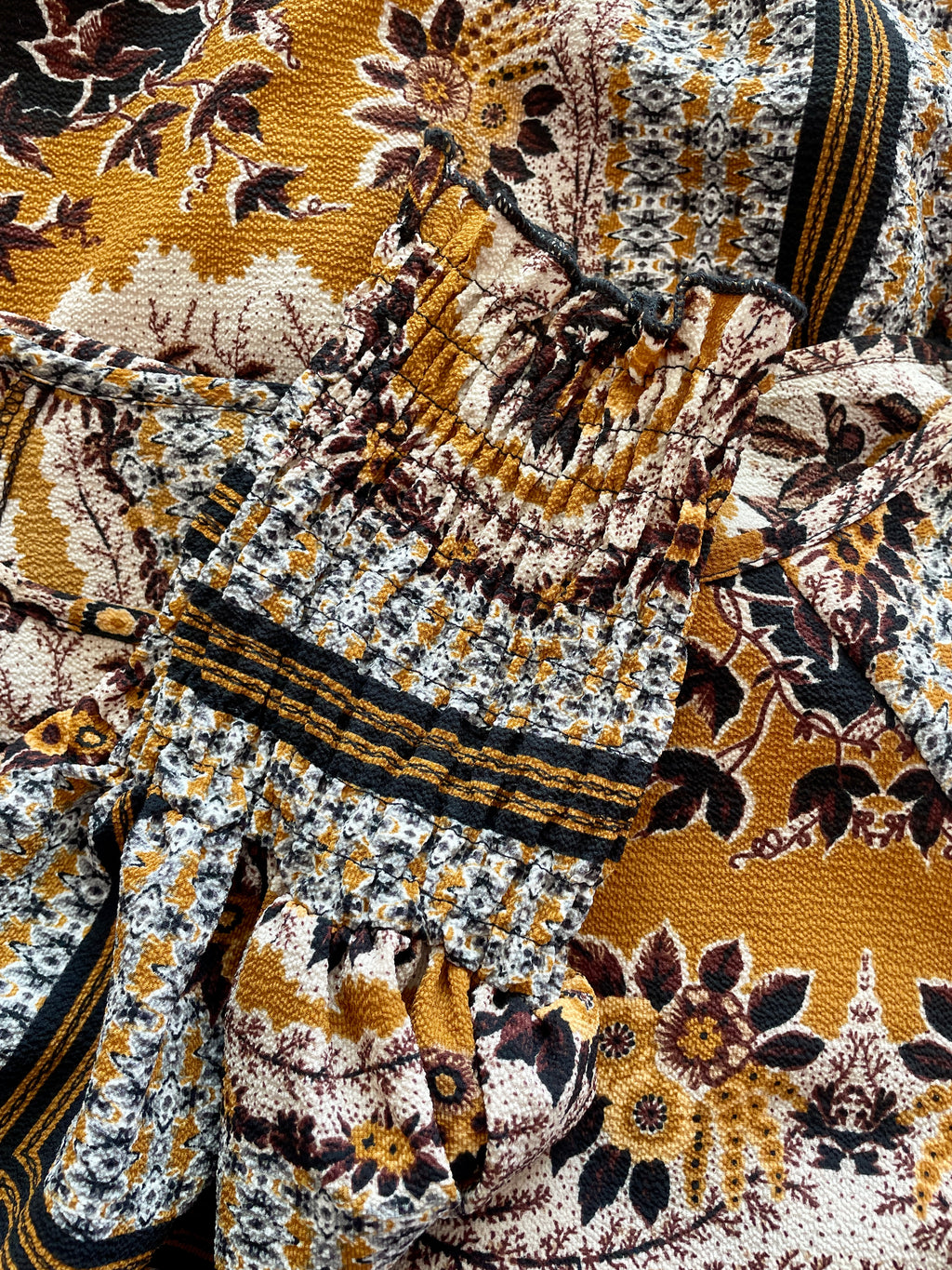 70s Vibe Boho Chic Scarf Print Maxi Dress - Ochre Gold Mustard Paisley Festival Long Sleeve Blouson Dress
