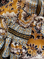 70s Vibe Boho Chic Scarf Print Maxi Dress - Ochre Gold Mustard Paisley Festival Long Sleeve Blouson Dress