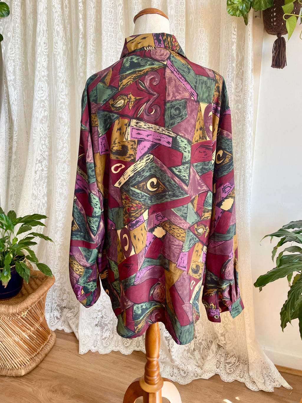 Vintage 90s Amari Geometric Abstract Blouse Retro Earthy Maroon Art-To-Wear Button Up Shirt Plus Size 18