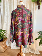 Vintage 90s Amari Geometric Abstract Blouse Retro Earthy Maroon Art-To-Wear Button Up Shirt Plus Size 18