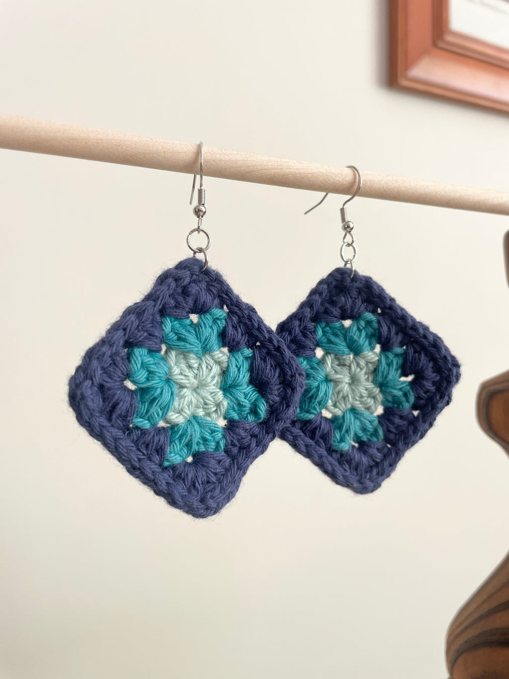 Crochet Big Square Earrings - Blue Tone