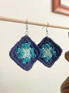 Crochet Big Square Earrings - Blue Tone