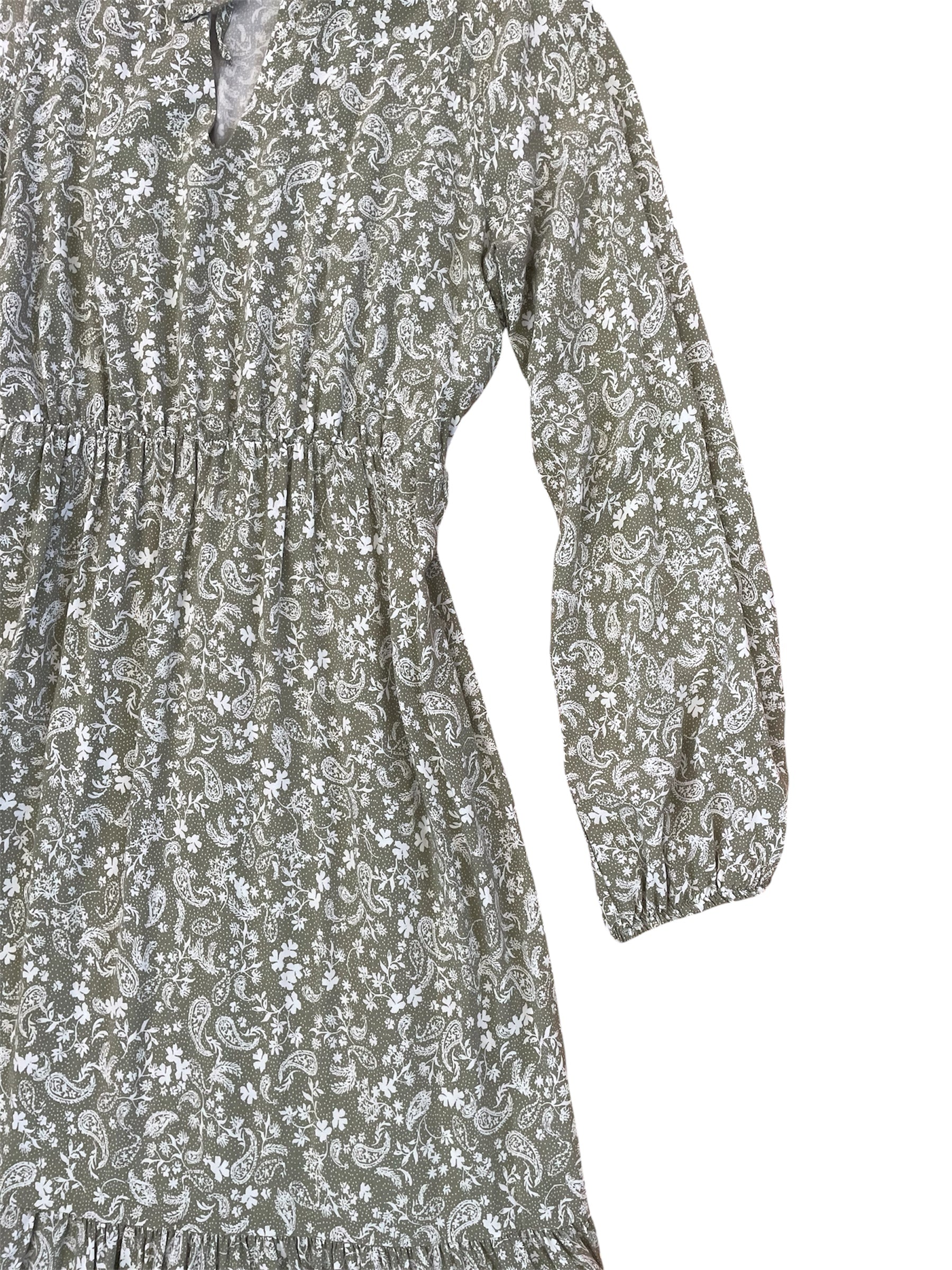 Long Sleeve Sage Paisley Print Dress