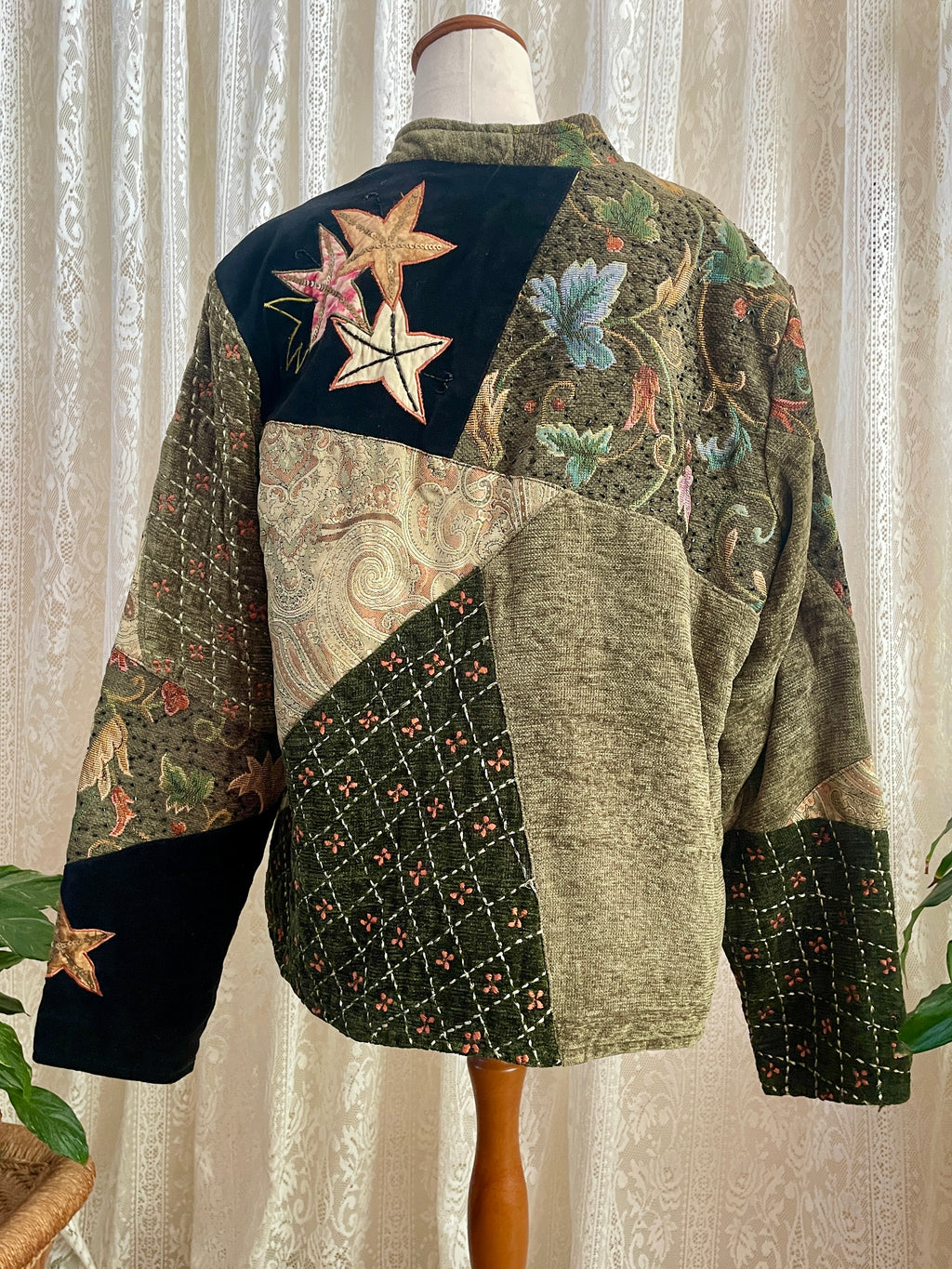 Vintage 90s Indigo Moon Star Patchwork Jacket – Velvet Tapestry Tie Front - Sz L