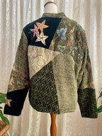 Vintage 90s Indigo Moon Star Patchwork Jacket – Velvet Tapestry Tie Front - Sz L