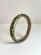 Vintage Silver Tone Green Enamel Swirl Hinged Bangle Clamper Bracelet