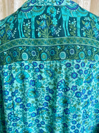 70s Inspired Turquoise Gypsy Border Print Blouse Sz 14