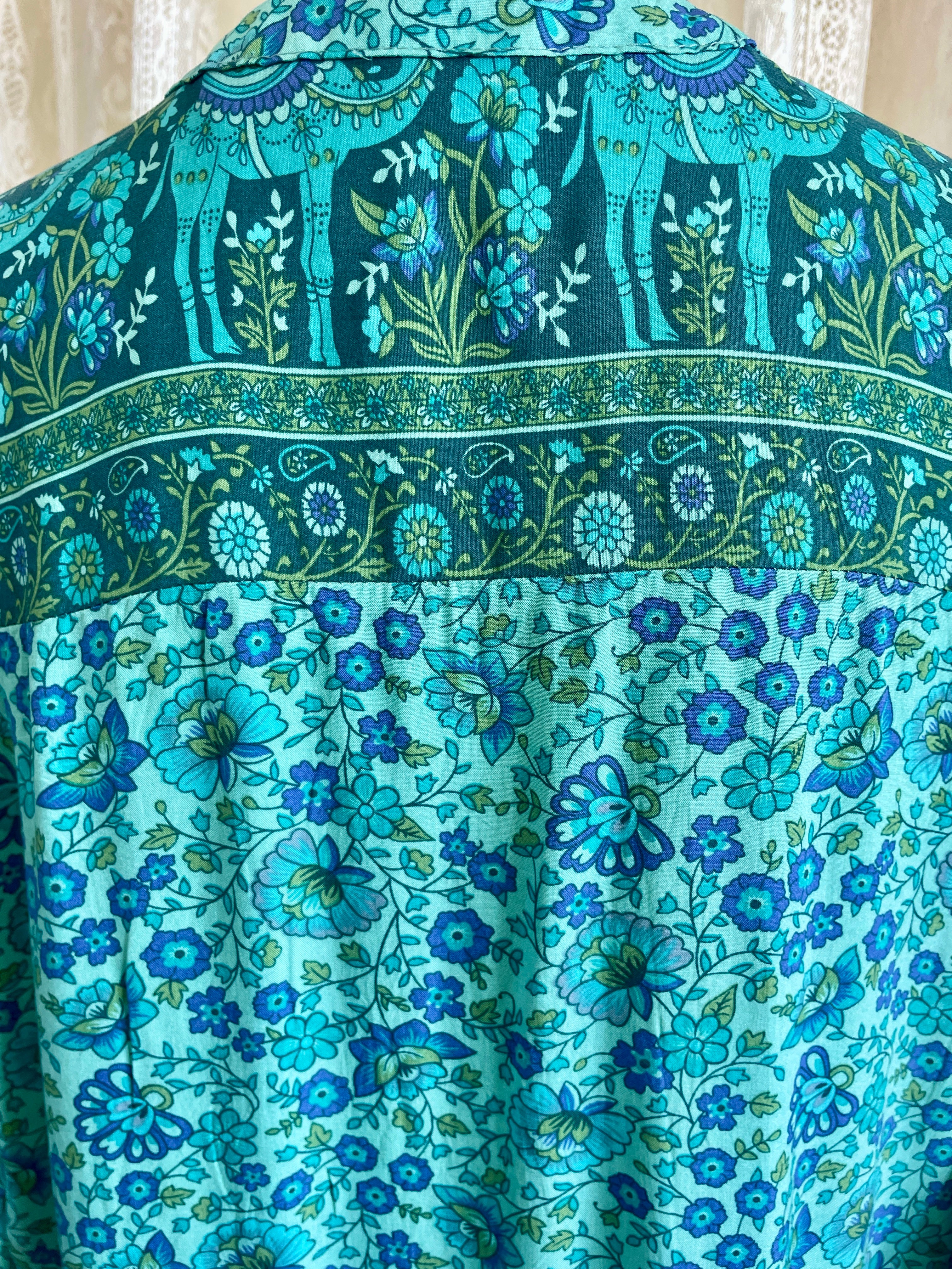 70s Inspired Turquoise Gypsy Border Print Blouse Sz 14