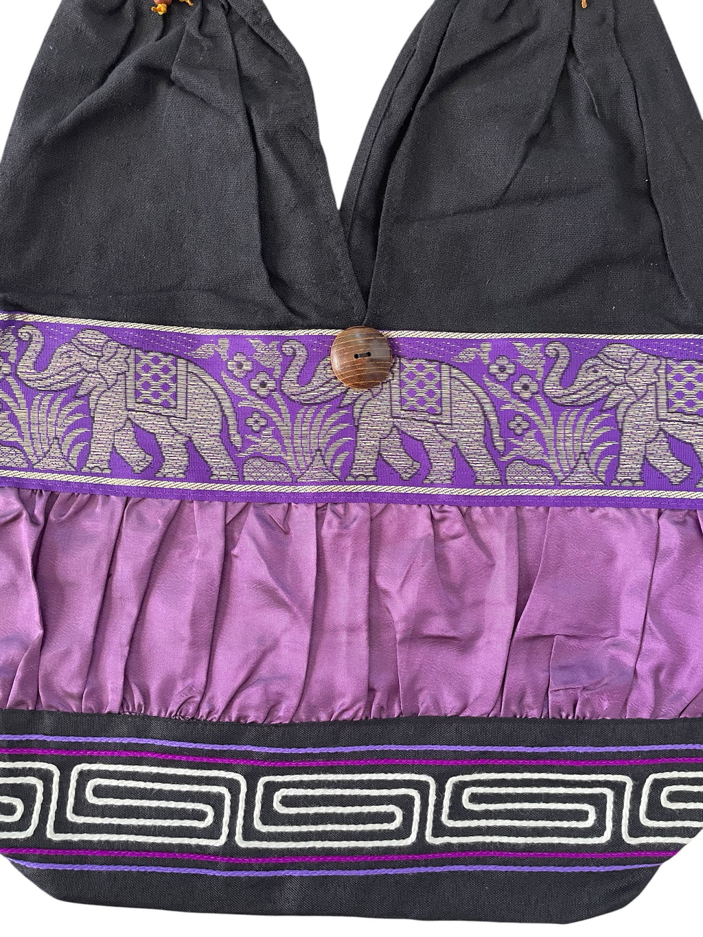 Hobo Style Sling Bag with Elephants and Embroidered Trim