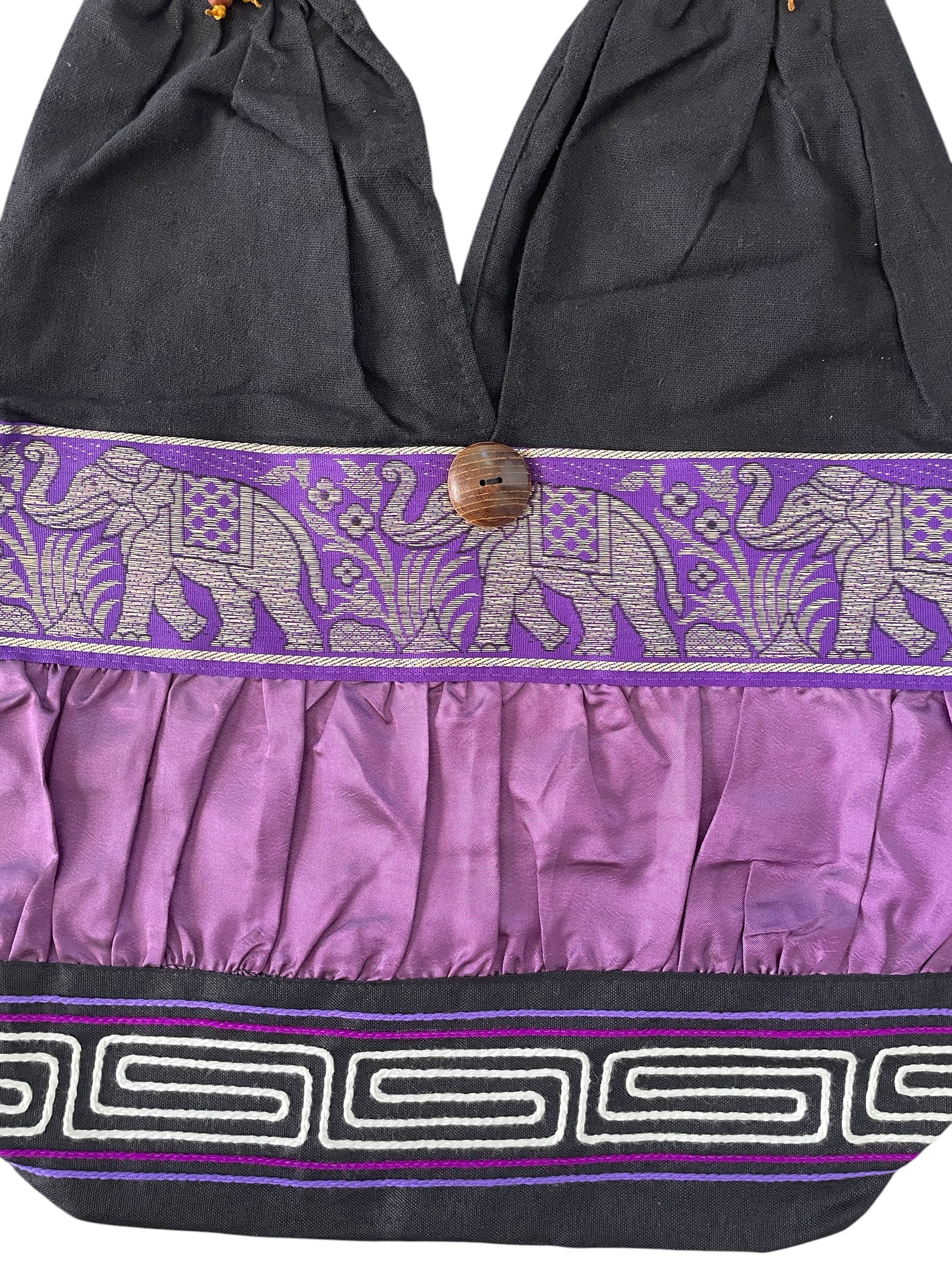 Hobo Style Sling Bag with Elephants and Embroidered Trim