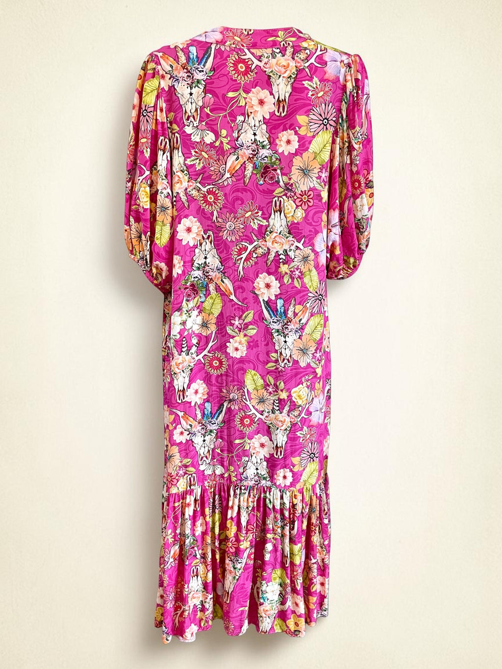 Made in Italy Pink Western Boho Floral Cow Skull Midi Dress Duster - Size 16