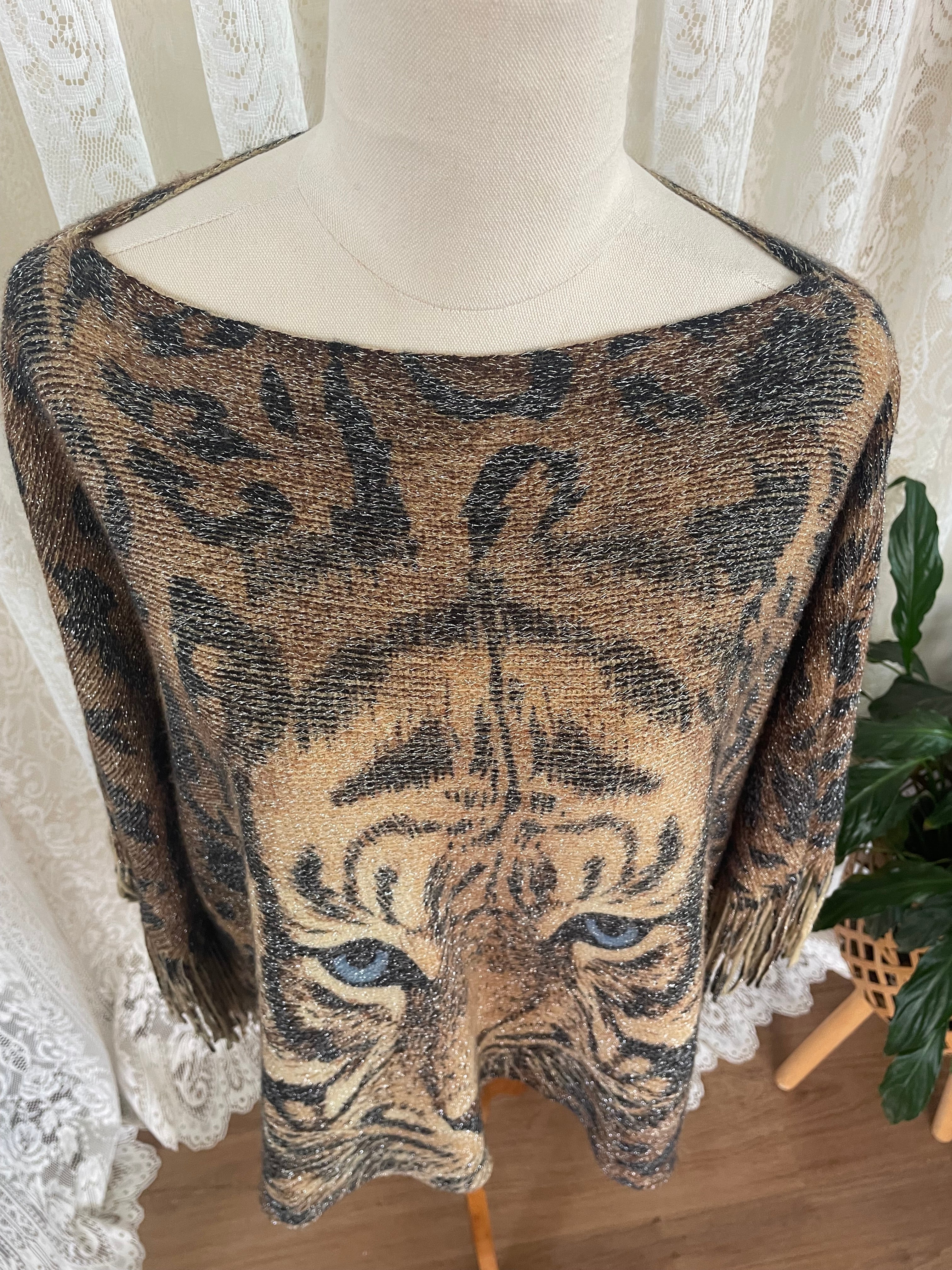 Tiger print poncho with fringe